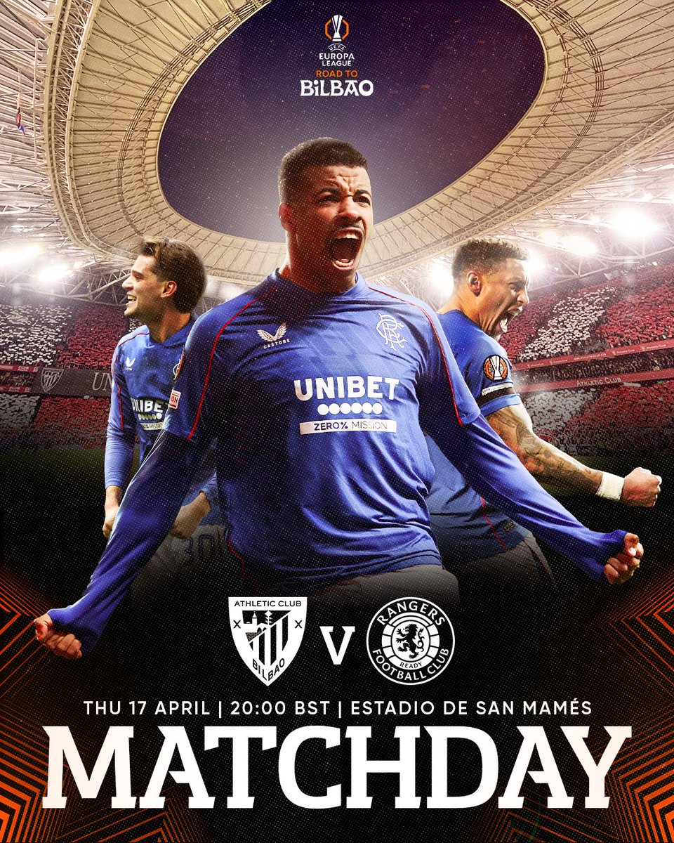 RangersFC's tweet image. It’s #UEL quarter-final day in Bilbao 👊

🆚 @AthleticClub
⚽️ @EuropaLeague
🏟️ Estadio de San Mamés
⏰ 20:00 (BST)