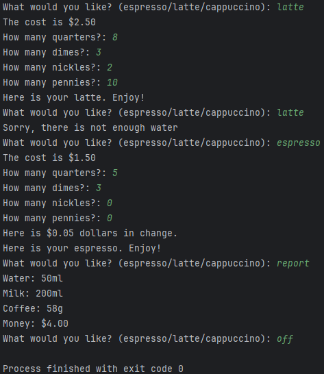 MikeSloanCreate's tweet photo. 📚 Day 15 of #100DaysOfCode:
✅ Promoted to intermediate (apparently)
✅ Built coin-op coffee machine ☕
✅ Handles inventory, payments, brewing

 Can I get one that makes tea instead?

#Python #CodingJourney https://t.co/kYHT6kgsoM