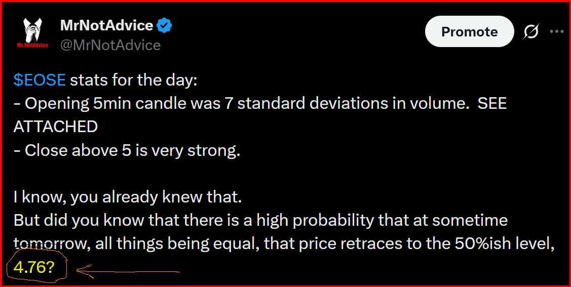 MrNotAdvice's tweet photo. $EOSE right to the penny. 4.76
Knowing where price likes to go is a good tool. https://t.co/Sz8qPHwjZs