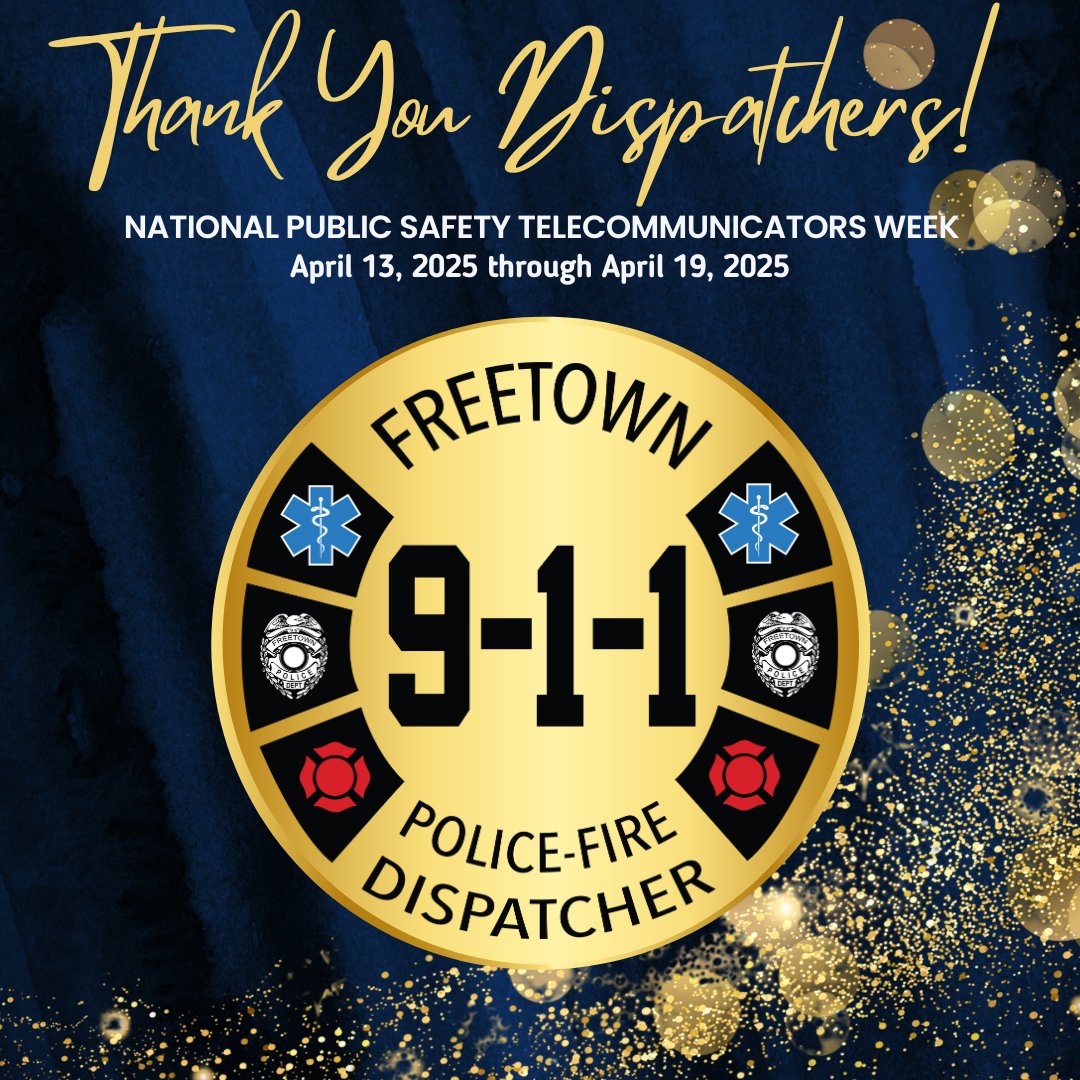 FreetownPD's tweet image. ☎️NATIONAL PUBLIC SAFETY TELECOMMUNICATORS WEEK 2025 ☎️
April 13–19, 2025
This week, we honor the calm voices behind the chaos — our Freetown 911 Dispatchers. They’re the first to answer the call, 24/7.
Thank you for your dedication!
⬛️🟨⬛️
#NPSTW2025 #Freetown911 #ThinGoldLine