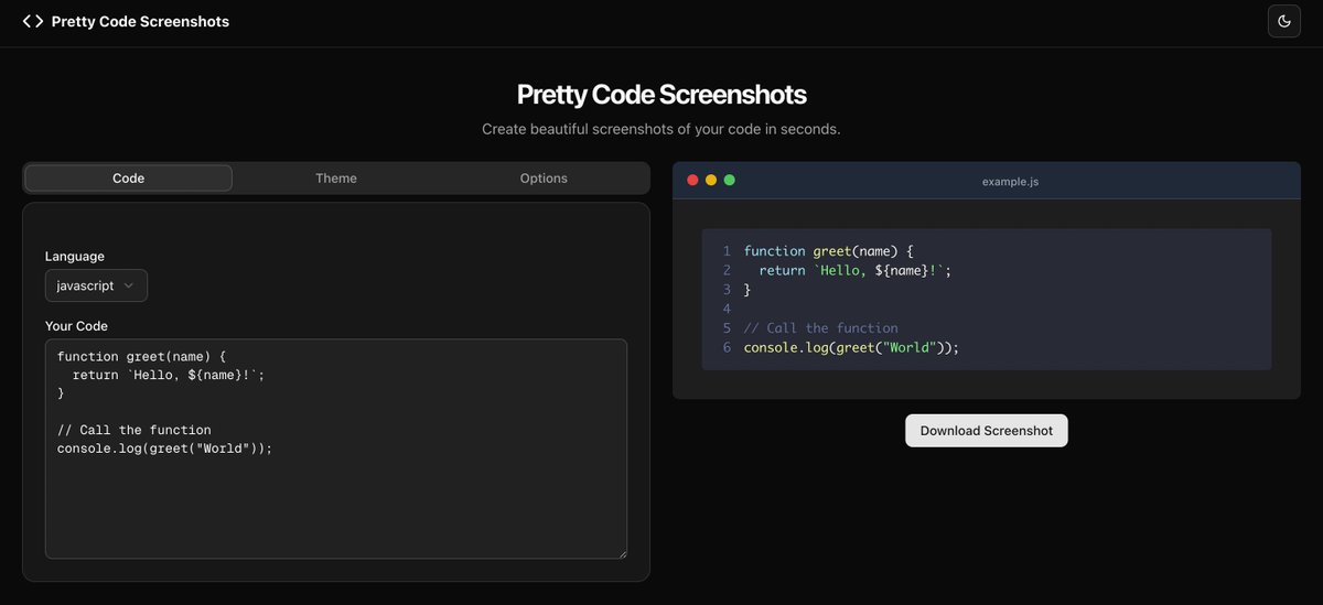 introducing Pretty Code Screenshots, an open-source tool that turns your code into beautiful, shareable images in seconds ✨

✅ paste code
🎨 choose a theme
📸 download &amp; post

try it here: prettycodescreenshots.vercel.app
star it 👉 github.com/simonsruggi/Pr…

#buildinpublic #opensource