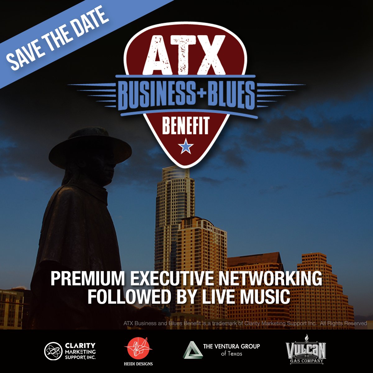 The next ATX Business and Blues Benefit is May 21st. 

Join us at Vulcan Gas Company - 418 E. 6th St. ATX
5:30pm - 8:30pm - Premium Executive Networking and a private live music show - old Austin style.

claritymarketingsupport.com/austin-busines…