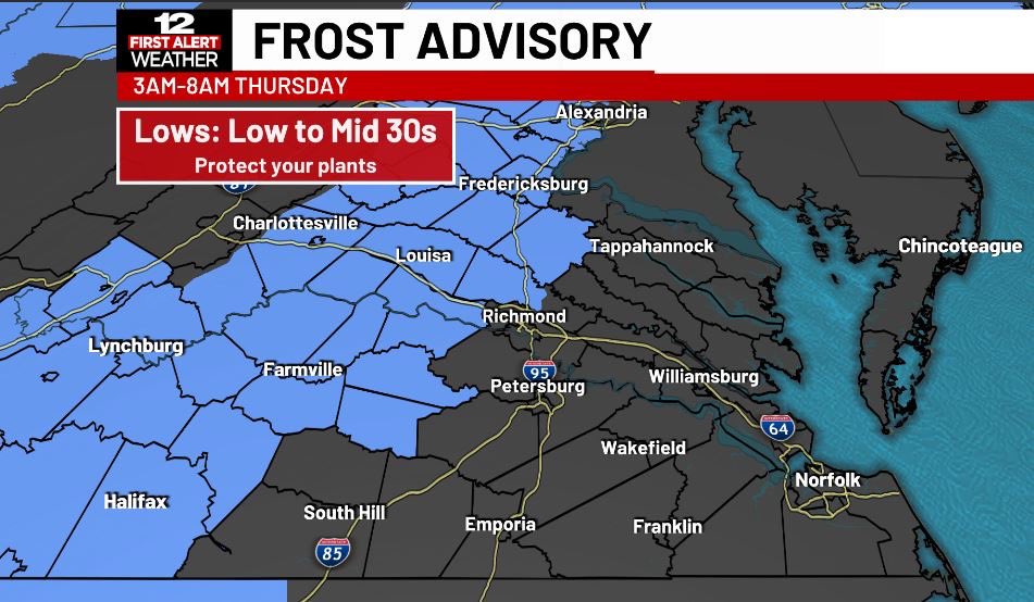 First Advisory for counties highlighted in blue from 3am-8am Thursday. Low temperatures in the low to mid 30s. Protect your plants!