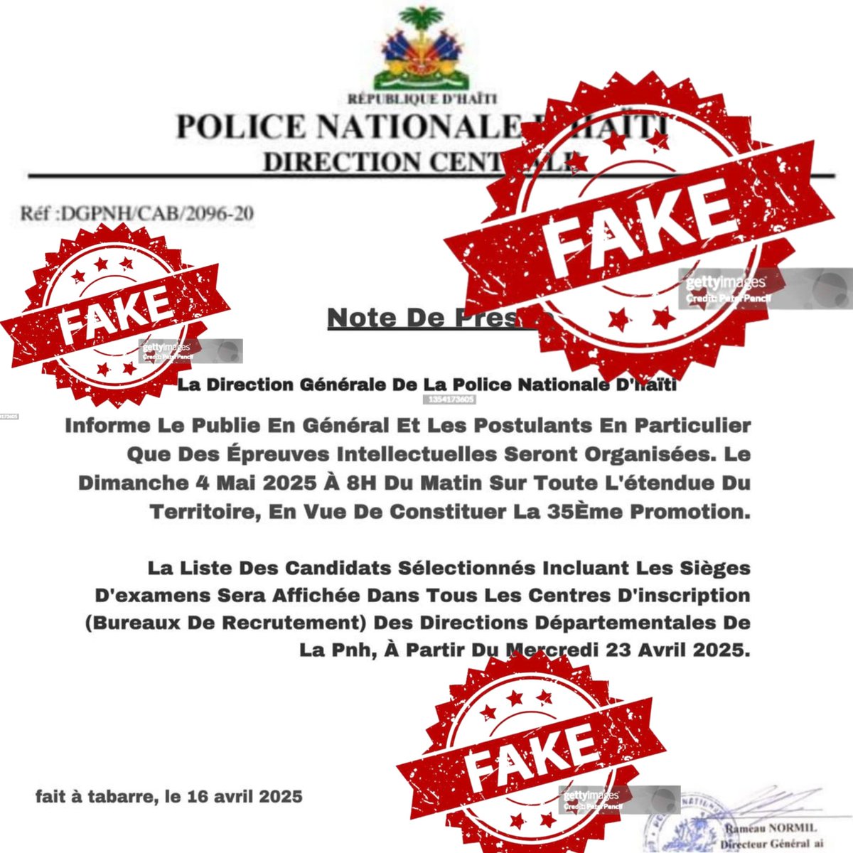 Désinformation : La <a href="/pnh_officiel/">PNH</a> dément deux fausses notes circulant en ligne : l’une sur une interdiction du port d’armes, l’autre sur les examens de la 35e promotion. Des documents fabriqués pour semer la panique. Une enquête est en cours. #SkandalNews