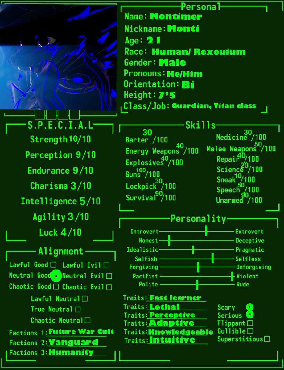 Montimer_Rex's tweet image. Posted this on insta, figured I’d post it here, little Fallout S.P.E.Ci.I.A.L. Format I did for Montimer

#furry #furryvrc #Rexouium