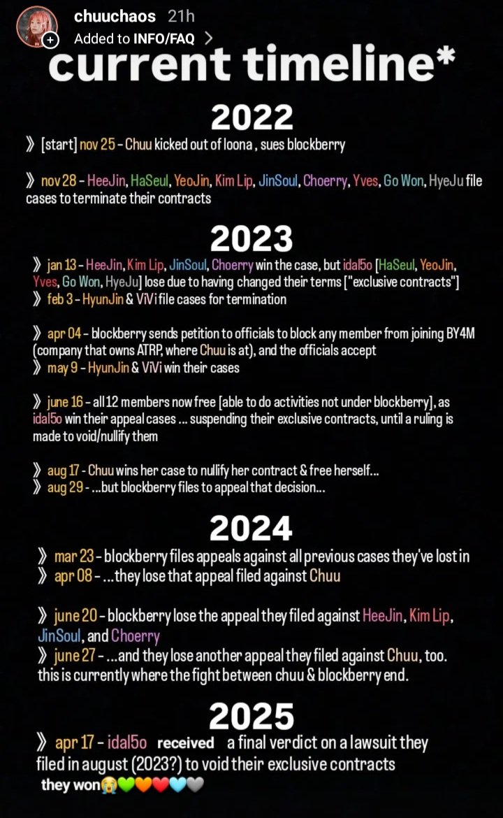chuuchaos's tweet photo. and now i can come back here &amp; say that this is the full final loona timeline (with slight edit having to be made for today stating that idal5o won their case) 🥹🩷 
thank goodness it went well for idal5o line 🩷🩷 feeling immense relief currently 🎉 https://t.co/aZevqzRr6P