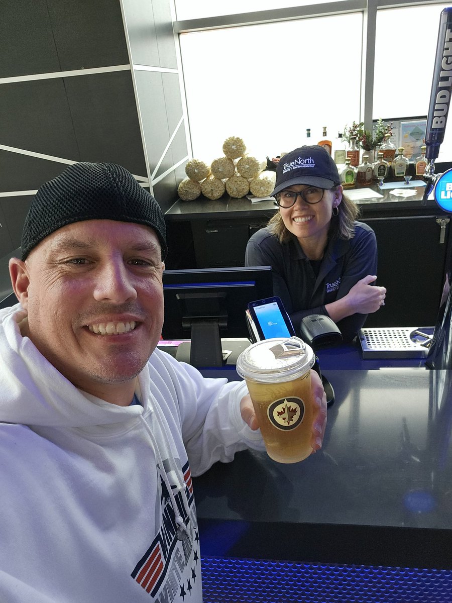 Windog0101's tweet photo. Final regular season #section316 #victory #selfie and also cheers from best server Dana in @CanadaLifeCtr in the #section316 #crownroyal #lounge @hustlerama @NHLJets @SportsTalkWPG incredible year! #GoJetsGo https://t.co/5aPzeK2amL