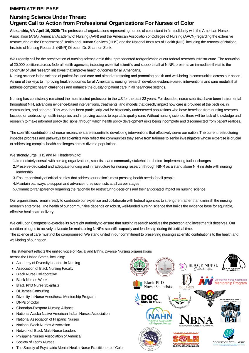 IMMEDIATE RELEASE

Nursing Science Under Threat: 
Urgent Call to Action from Professional Organizations For Nurses of Color