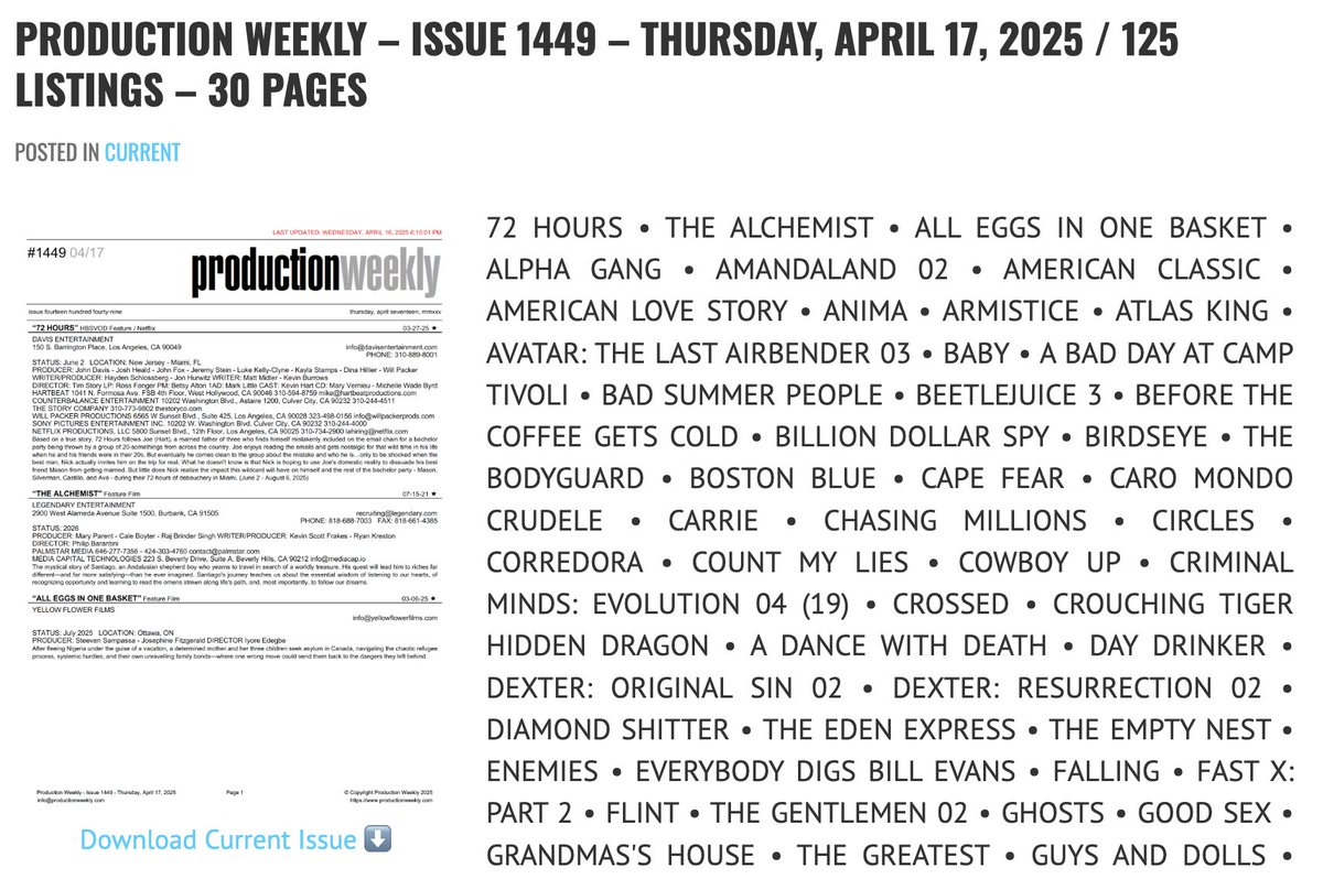 Production Weekly - Issue 1449 - Thursday, April 17, 2025 / 125 Listings - 30 Pages

Download Current Issue ⬇️

productionweekly.com/production-wee…