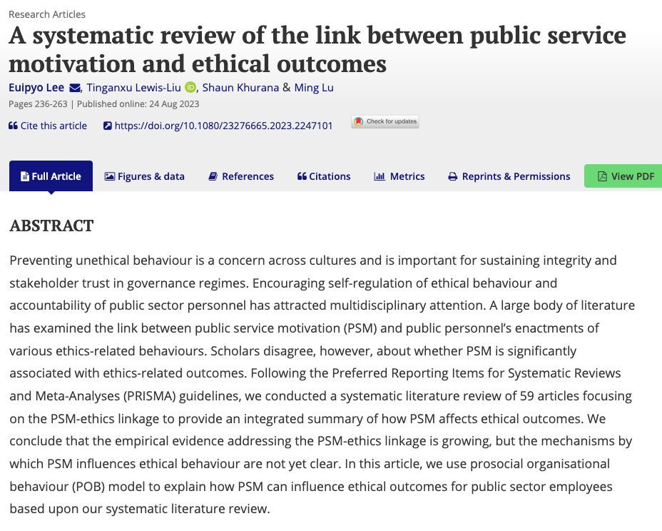#TT: we are looking at the systematic literature review by Lee, Lewis-Liu, Khurana, &amp; Lu on the link between #PSM &amp; ethical outcomes. The empirical evidence is growing, but the mechanisms by which PSM influences ethical behaviour are not yet clear buff.ly/k8iVusY