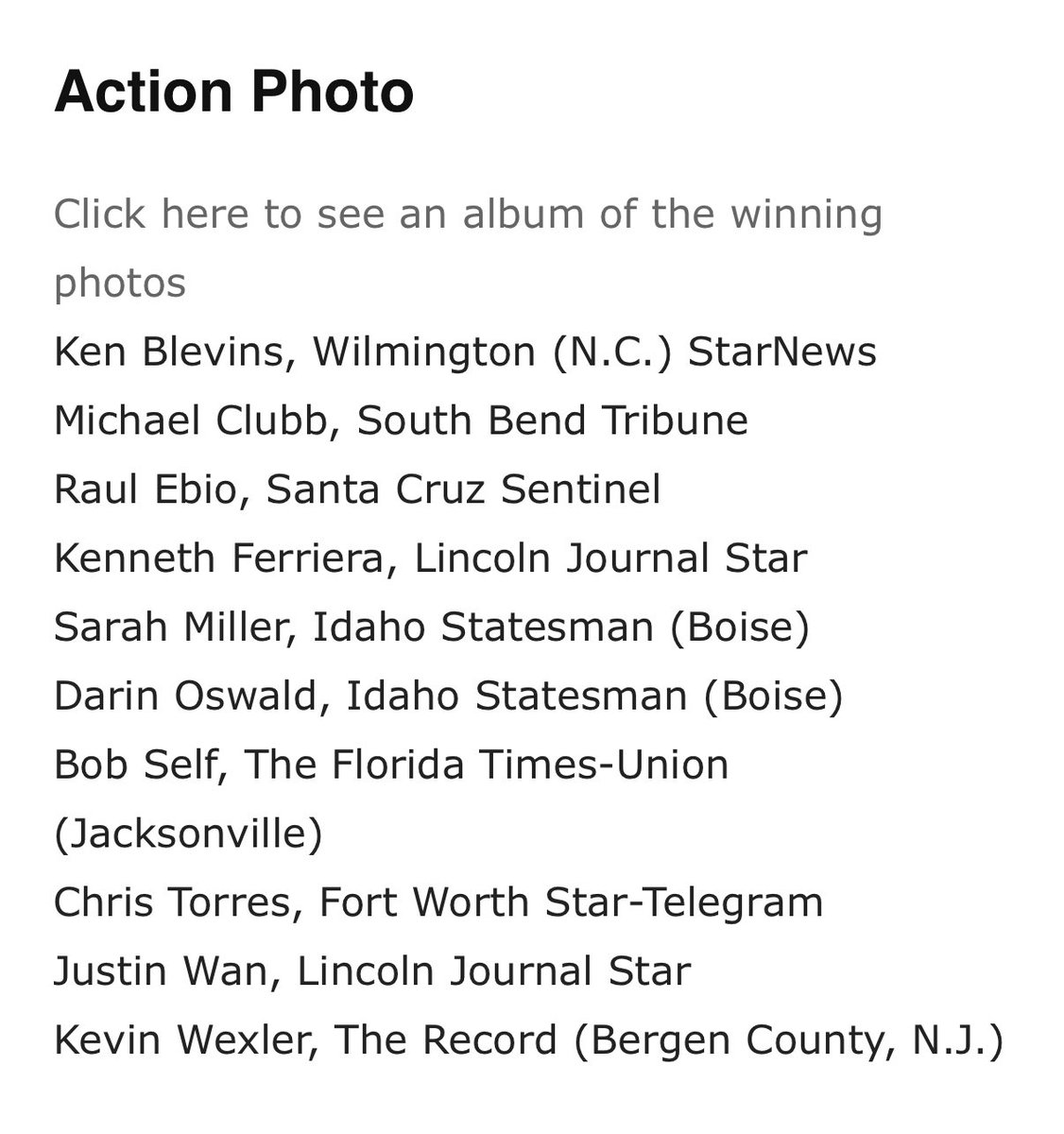 chris_t_torres's tweet image. Humbled to place among the top 10 in the country for Action and Feature photo in this year’s @APSE_sportmedia awards. Thanks to the @startelegram, friends and family for the support—and congrats to all the talented photogs on this list. Honored to share this recognition with yall