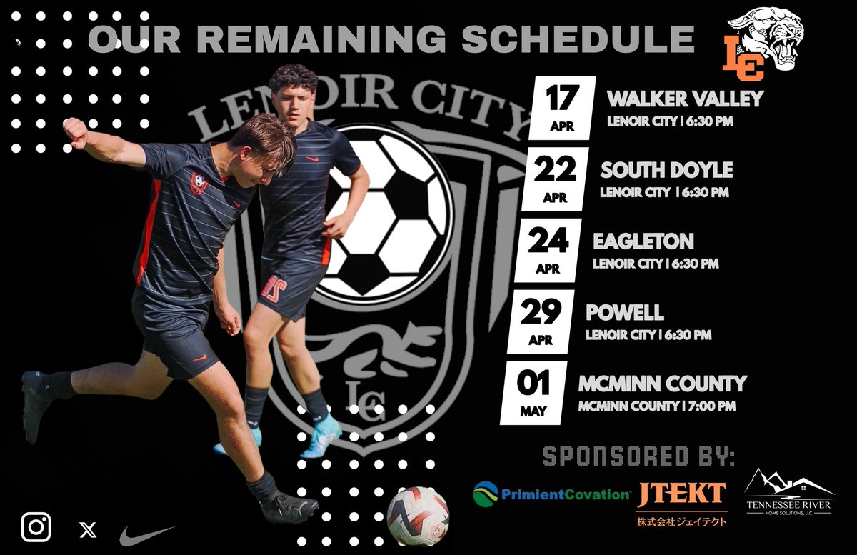<a href="/LchsBoys/">LCHS Boys Soccer</a>’ remaining schedule <a href="/LenoirCitySch/">LenoirCitySch</a>    WE ARE LC!!