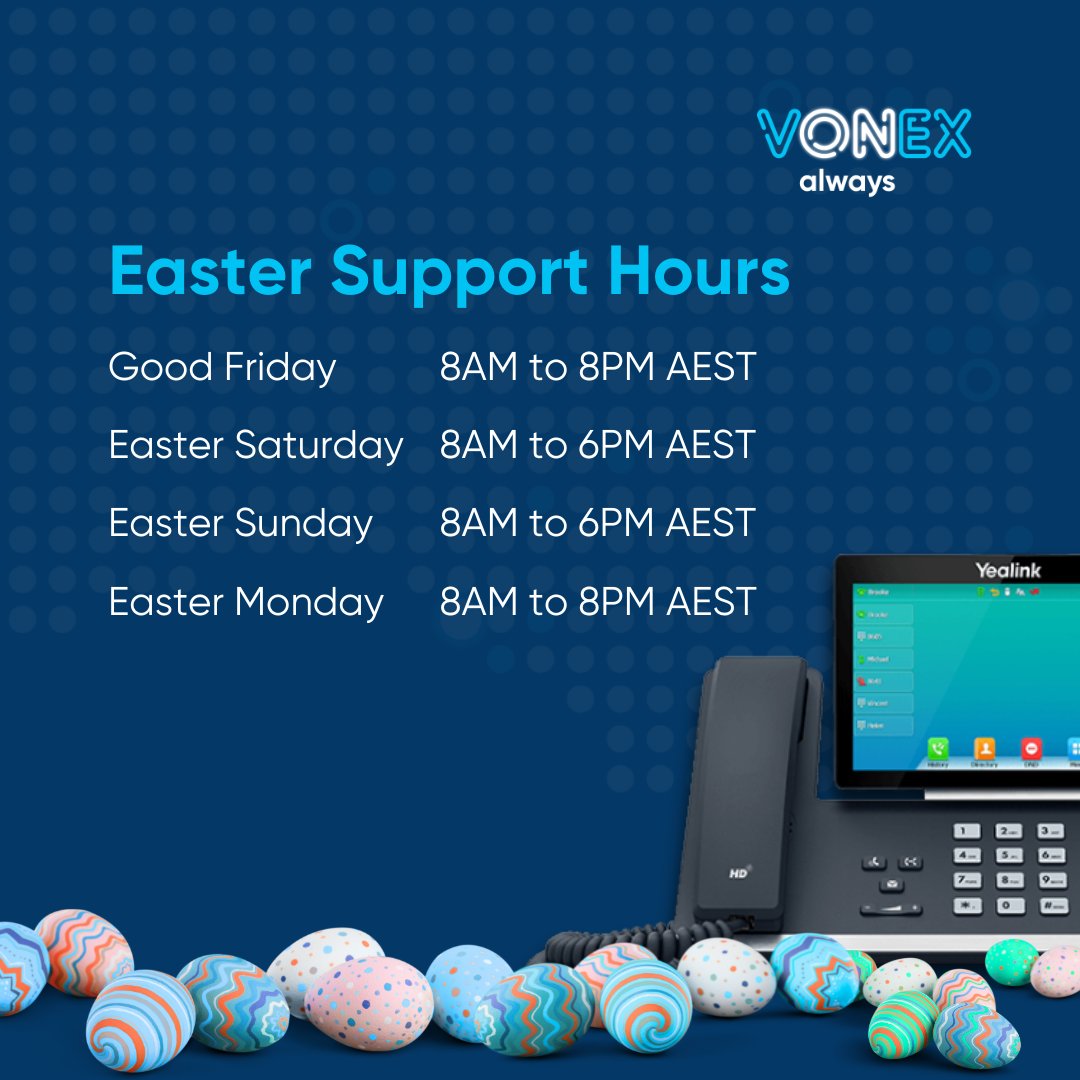 To all our customers and their families, 
Wishing you a safe, joyful, relaxing (and delicious!) Easter 🐰

And if you happen to need a bit of eggs-tra support, our Business and Residential Teams are here to help.

#HappyEaster #Vonex #BusinessTelco #CustomerSupport