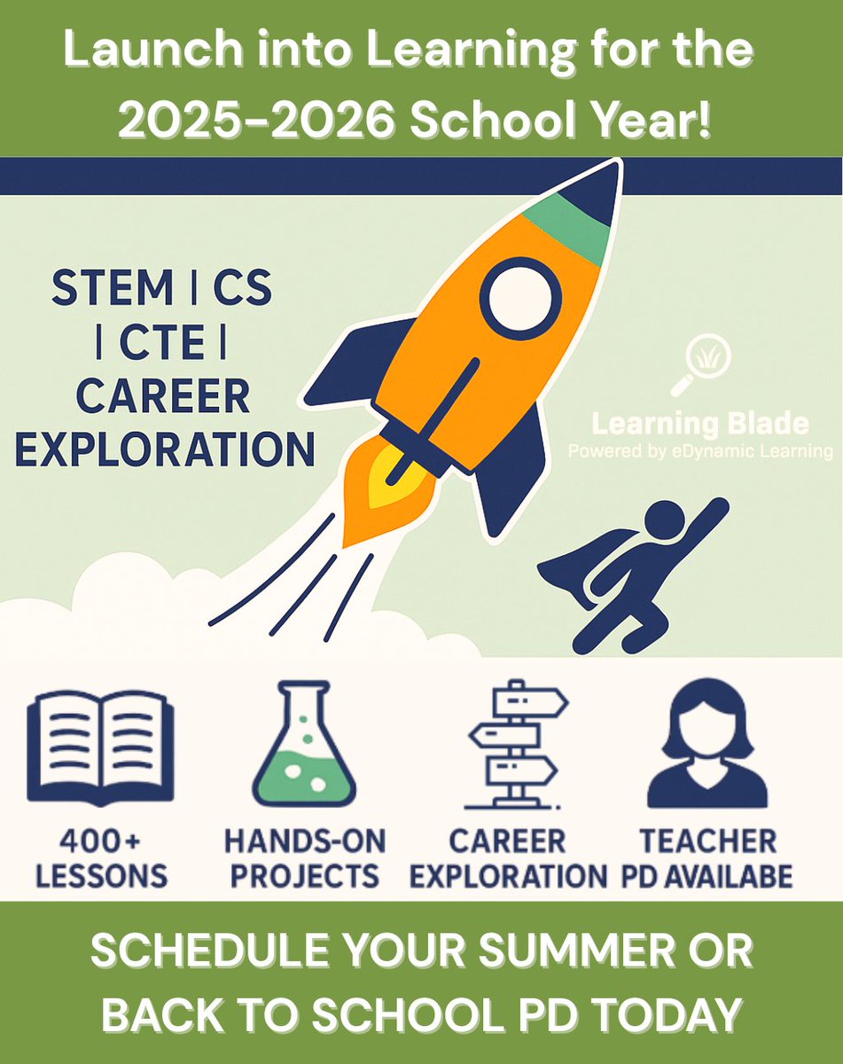 Launch into Learning for the 2025-2026 School Year!
Get a head start on Fall 2025! Now’s the time to prep your STEM, Computer Science, and CTE curriculum with <a href="/LearningBlade/">Learning Blade</a> 's 400+ standards-aligned lessons for grades 5–9.
FREE Learning Blade account: LearningBlade.com/States