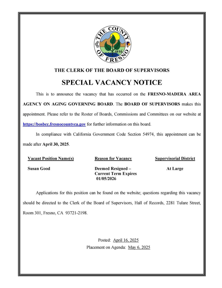 The Clerk of the Board of Supervisors announces a special vacancy notice.

If you are interested in applying to this position, please click on the link below:
bosbcc.co.fresno.ca.us