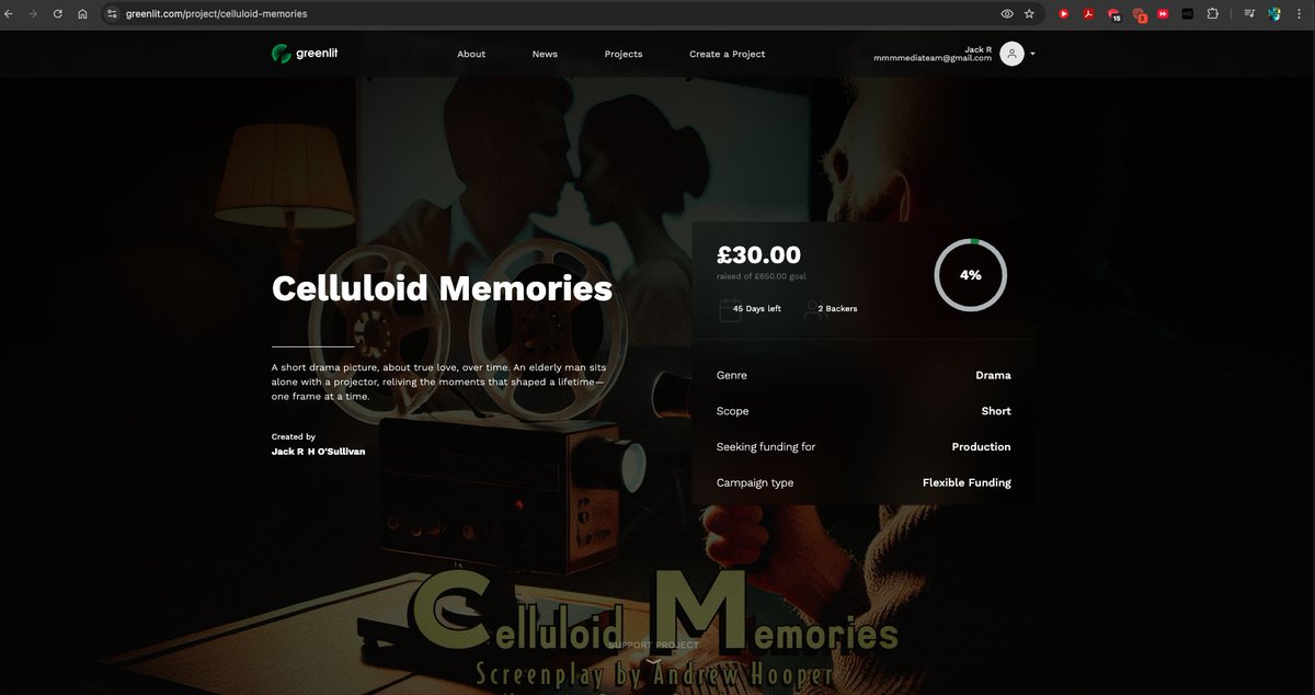 We’re making a powerful short film about love, memory &amp; letting go.

🎥 Support Celluloid Memories on Greenlit:
👉 greenlit.com/project/cellul…

Let’s bring something beautiful to life 💛

#Crowdfunding #IndieFilm #CelluloidMemories