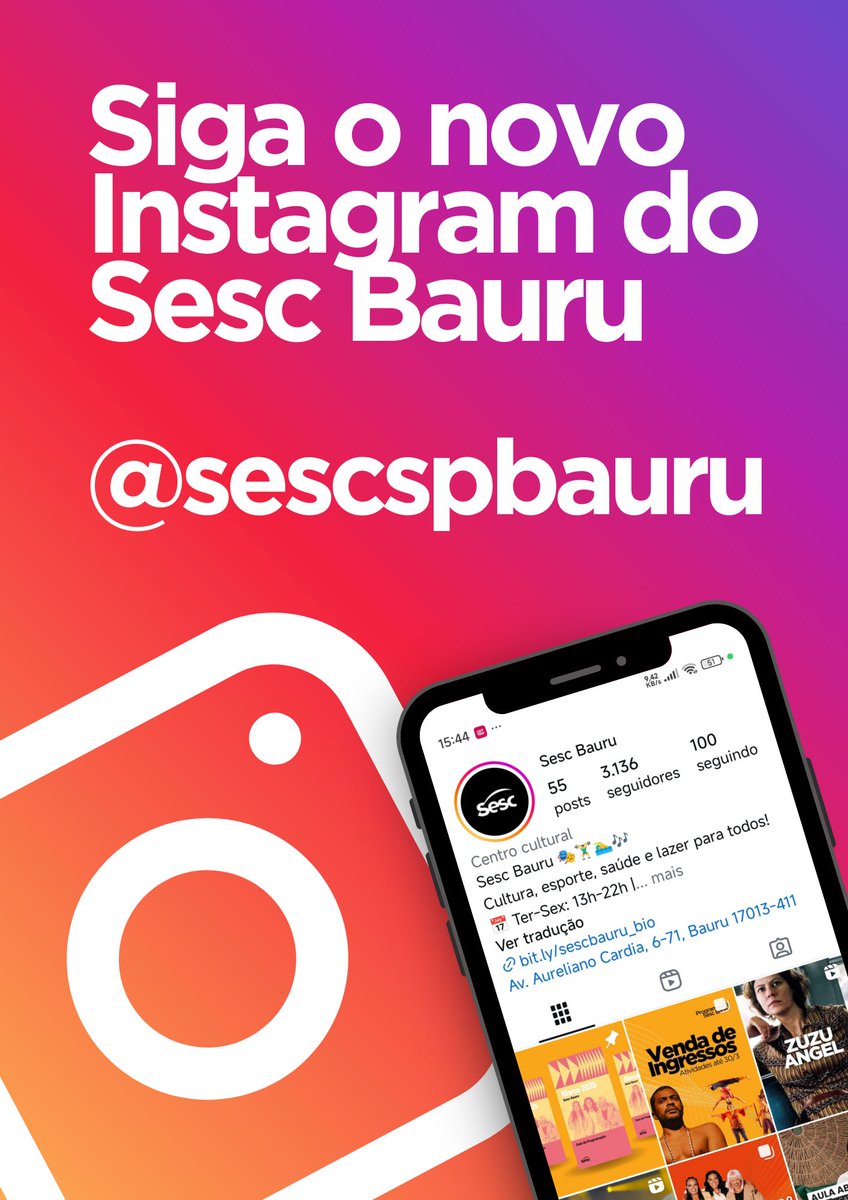 Siga o novo Instagram do Sesc Bauru
instagram.com/sescspbauru/
e fique por dentro de tudo o que rola no Sesc Bauru!!!