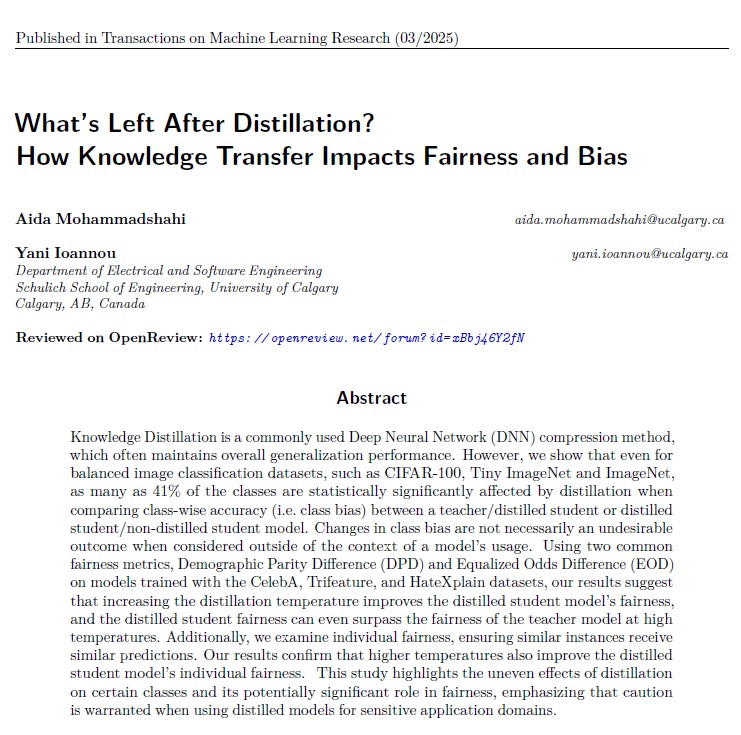 Aidamo27's tweet image. ✨Our paper is now officially published in Transactions on Machine Learning Research (TMLR)!

We explore how knowledge #distillation (KD) impacts fairness &amp;amp; bias in AI models, across both group and individual fairness.