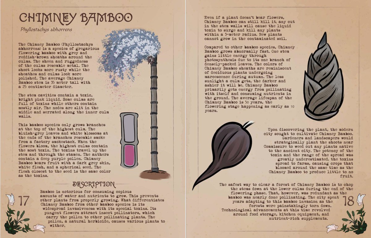 PinheadtheBella's tweet photo. Here are the 4 plants I wrote for! 

With artist @JustMomochi we designed Chimney Bamboo and Shaded Hymn Lily
With artist @kilaweil we designed Dismantling Ivy and Cursed Bush/Octopus Bush (the latter @lemonsatelier_ helped with rendering) 
 
#BloomingBirthdayTavio #OctaBDAY2025 https://t.co/xrYb3O5k4G