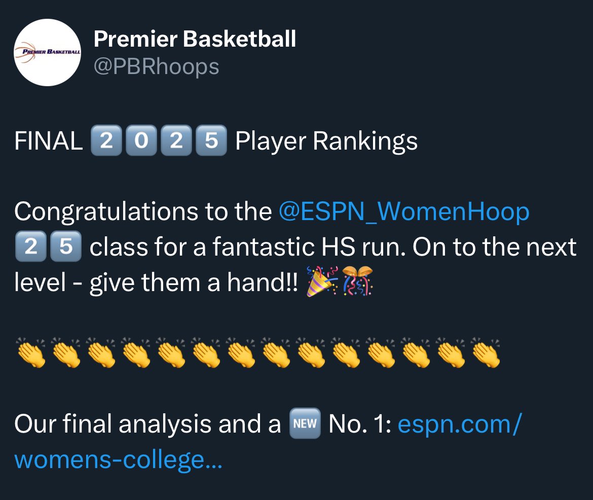 Amirah Anderson (@amirahvanderson) on Twitter photo Grateful for the recognition by <a href="/PBRhoops/">Premier Basketball</a>! It’s an honor to be ranked among the best of the best in the <a href="/espnW/">espnW</a> 2025 class 💯 Up next: <a href="/BC_WBB/">Boston College Women’s Basketball</a>.
espn.com/high-school/gi… Grateful for the recognition by <a href="/PBRhoops/">Premier Basketball</a>! It’s an honor to be ranked among the best of the best in the <a href="/espnW/">espnW</a> 2025 class 💯 Up next: <a href="/BC_WBB/">Boston College Women’s Basketball</a>.
espn.com/high-school/gi…
