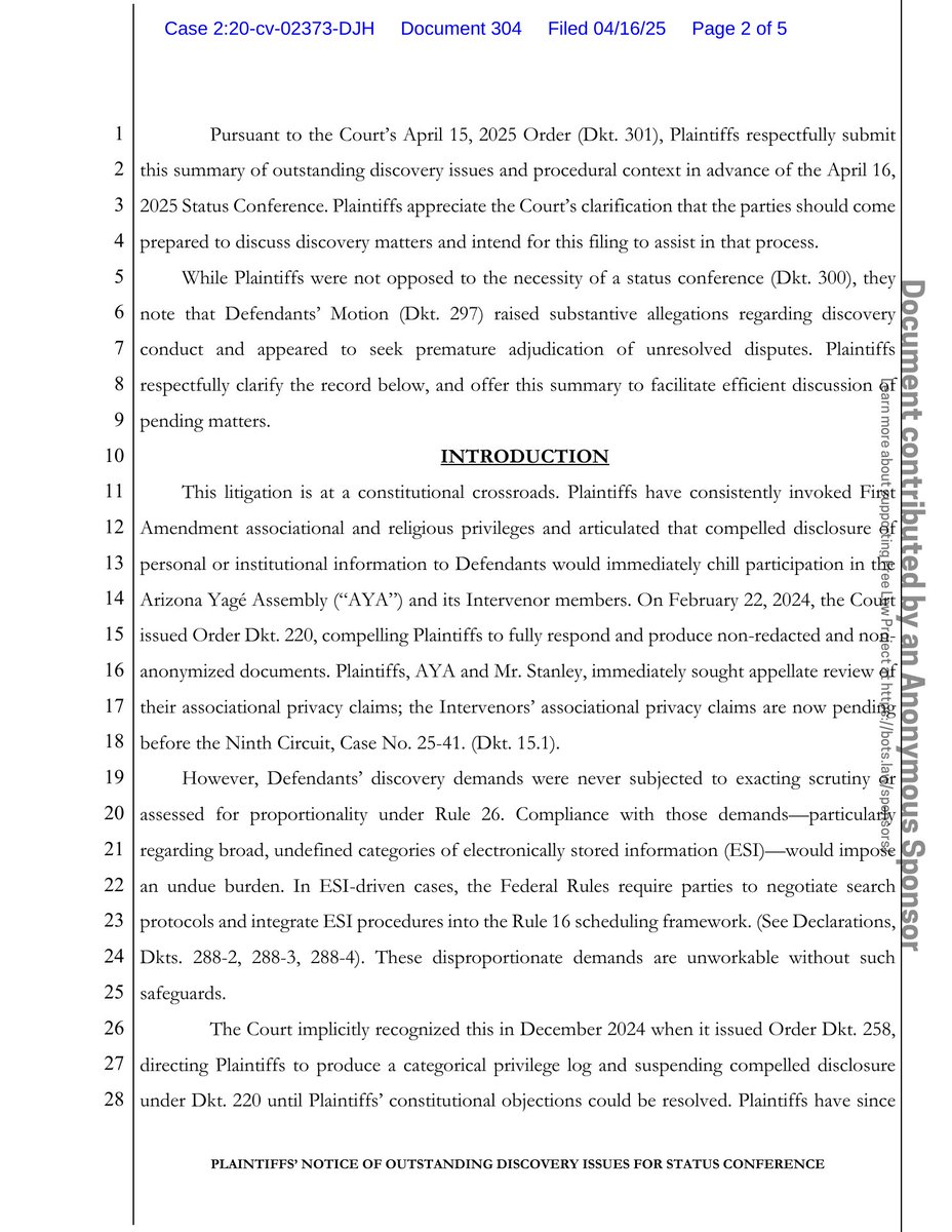 psy_cases's tweet image. New filing: &quot;Arizona Yage Assembly v. A.G. (Religious freedom - sacrament seizure)&quot;
Doc #304: Notice (Other)

PDF: courtlistener.com/docket/1872389…

#CL18723894