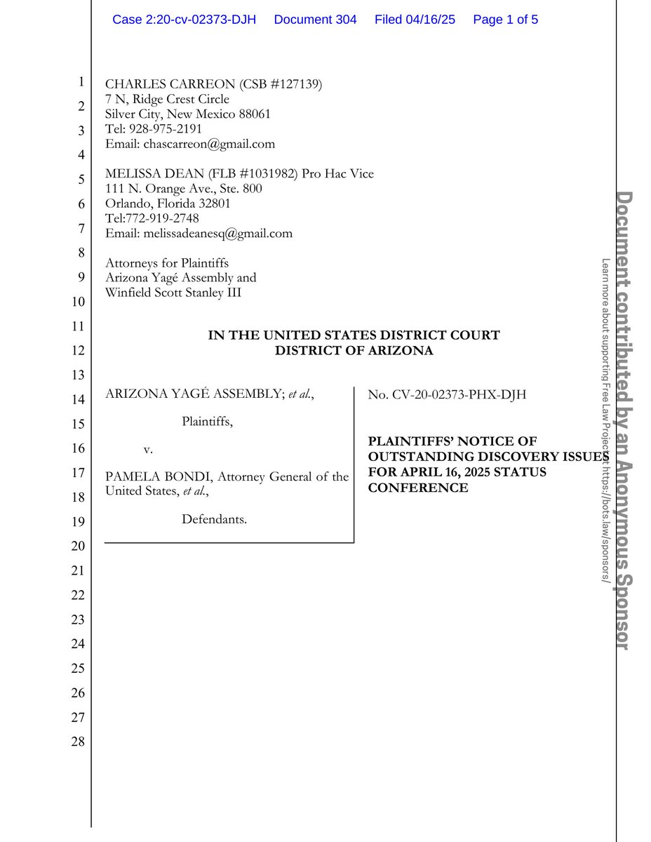 psy_cases's tweet image. New filing: &quot;Arizona Yage Assembly v. A.G. (Religious freedom - sacrament seizure)&quot;
Doc #304: Notice (Other)

PDF: courtlistener.com/docket/1872389…

#CL18723894
