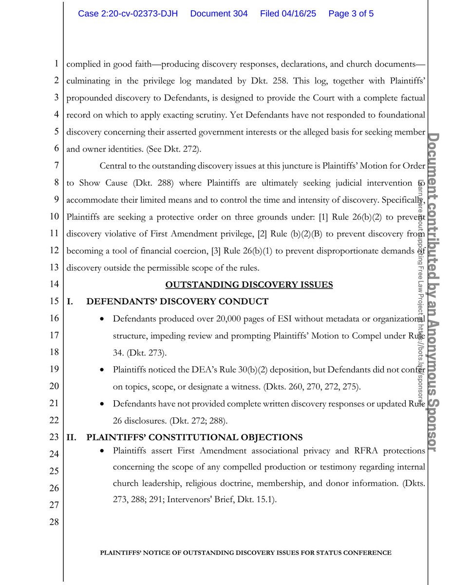 psy_cases's tweet image. New filing: &quot;Arizona Yage Assembly v. A.G. (Religious freedom - sacrament seizure)&quot;
Doc #304: Notice (Other)

PDF: courtlistener.com/docket/1872389…

#CL18723894