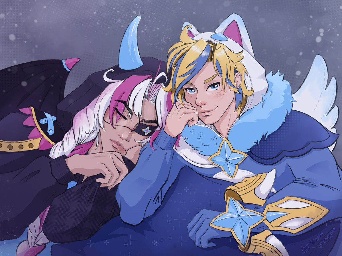 “Didn’t sleep again last night?”
“Too many dumb thoughts running through my head, you know.”
“And yet you’ve got no problem napping next to me.”
“Idk… it’s just so peaceful. Like I’m finally home.”

#pajamaguardian #Ezkayn #Kaynez #starguardianEzreal #starnemesisKayn