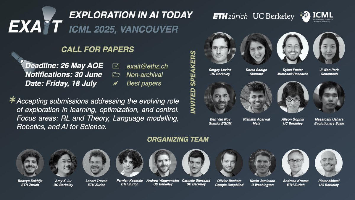Carlo Sferrazza (@carlo_sferrazza) on Twitter photo What is the place of exploration in today's AI landscape and in which settings can exploration algorithms address current open challenges?
Join us to discuss this at our exciting workshop at <a href="/icmlconf/">ICML Conference</a> 2025: EXAIT!
exait-workshop.github.io
#ICML2025 What is the place of exploration in today's AI landscape and in which settings can exploration algorithms address current open challenges?
Join us to discuss this at our exciting workshop at <a href="/icmlconf/">ICML Conference</a> 2025: EXAIT!
exait-workshop.github.io
#ICML2025