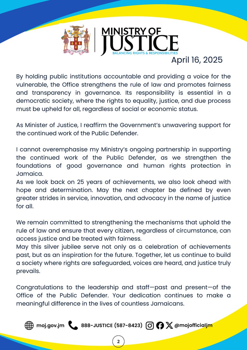 #Congratulations to the <a href="/opd_jamaica/">Office Of The Public Defender</a> on twenty five of #service. 

Message from the Minister of Justice, Hon. <a href="/Delroychuckjm/">Delroy Chuck</a> in commemoration of this milestone being celebrated under the theme: A Quarter Century – Empowering Citizens and Safeguarding Rights.