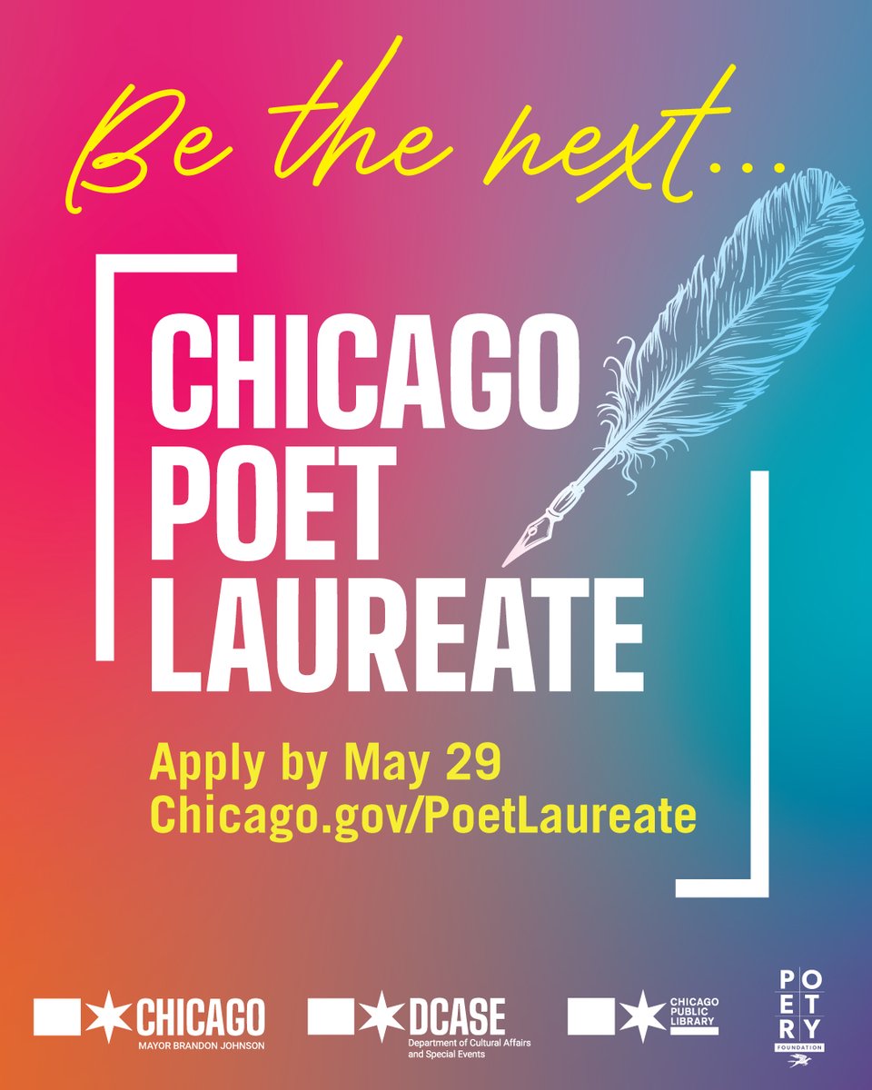 Poetry is the soul of Chicago. Be the next Poet Laureate! Chicago is looking for a poet to lead the city in celebrating the power of words. Apps open now through May 29! ✍

Details &amp; apply ➡ chicago.gov/PoetLaureate 
#BeTheNext