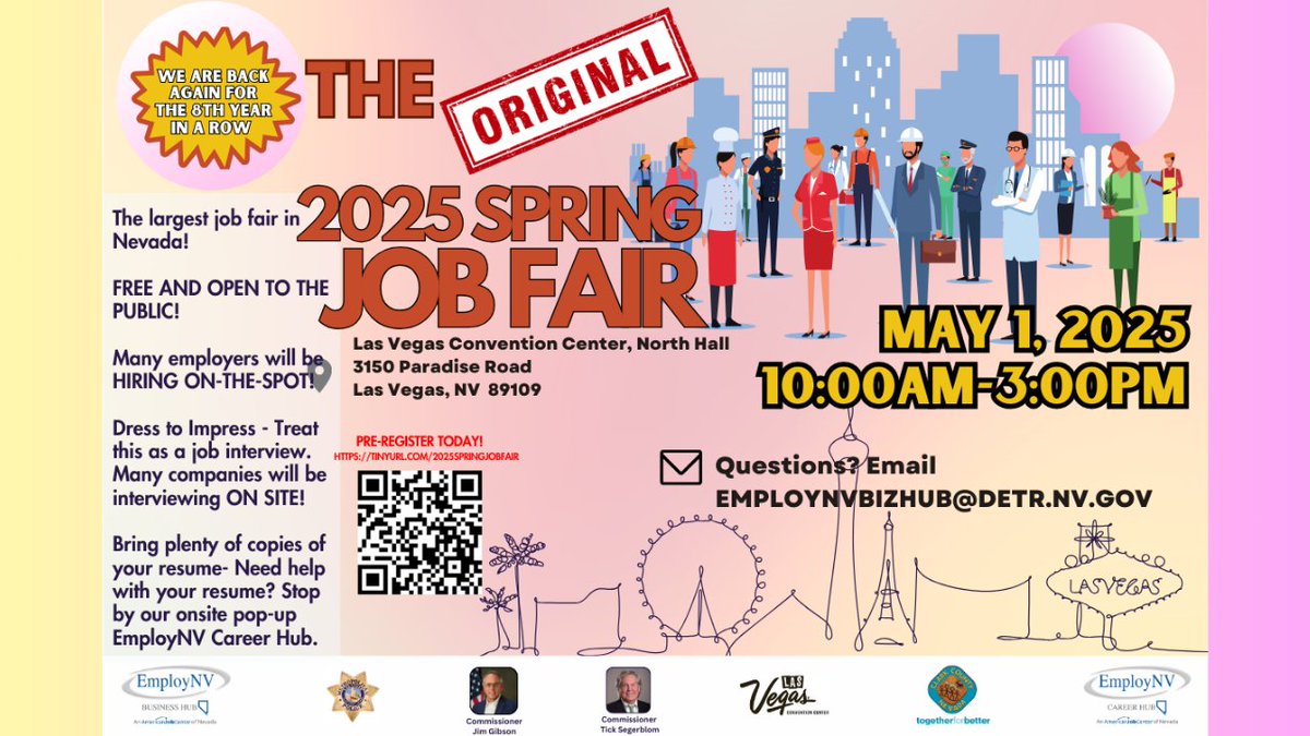 RTCSNV's tweet image. 🚨 The Original Spring Job Fair is back!
📅Thursday, May 1, 2025
⏰10 AM–3 PM 
📍Las Vegas Convention Center 

100+ employers, free parking, AND free childcare! 💼✨

Pre-register now 
👉 app.brazenconnect.com/a/state-of-nev… 
👉 rtcsnv.com/OSJF25 
🙌 #VegasJobs #SpringJobFair