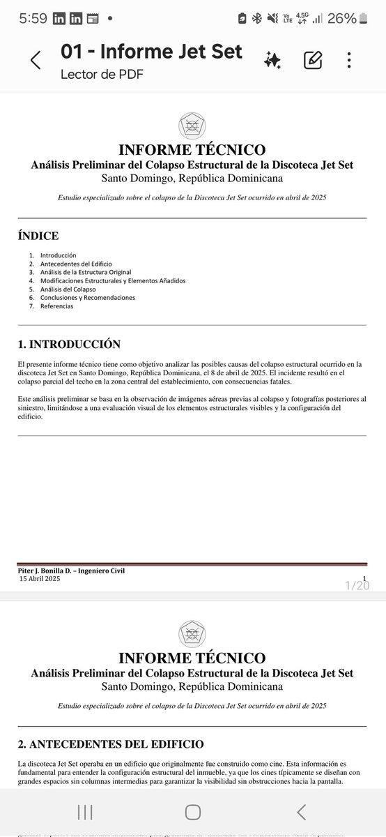 objiogilberto's tweet photo. El informe analiza las causas técnicas del colapso parcial del techo de la discoteca Jet Set en Santo Domingo el 8 de abril de 2025. El edificio, originalmente construido como cine, sufrió modificaciones sin reforzamiento estructural adecuado. Se concluye que el colapso fue provocado por una combinación de sobrecarga estructural, vibraciones dinámicas y deterioro por humedad acumulada.