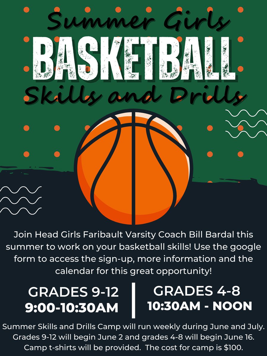Sign up for the Faribault Summer Girls Basketball Skills and Drills Camp NOW! 🏀

➡ tinyurl.com/FBOGBB

GO FALCONS! 🖤💚