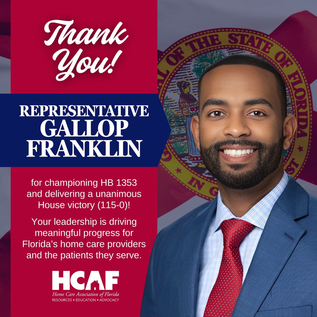 HCAF (@homecarefla) on Twitter photo Thank you to <a href="/gallopfranklin/">Gallop Franklin II</a> for championing HB 1353, and leading it to a unanimous 115-0 passage in the Florida House today! Your leadership is modernizing Florida’s home health care system and making a real difference for providers and the patients they serve. #FlaPol #HomeCare Thank you to <a href="/gallopfranklin/">Gallop Franklin II</a> for championing HB 1353, and leading it to a unanimous 115-0 passage in the Florida House today! Your leadership is modernizing Florida’s home health care system and making a real difference for providers and the patients they serve. #FlaPol #HomeCare