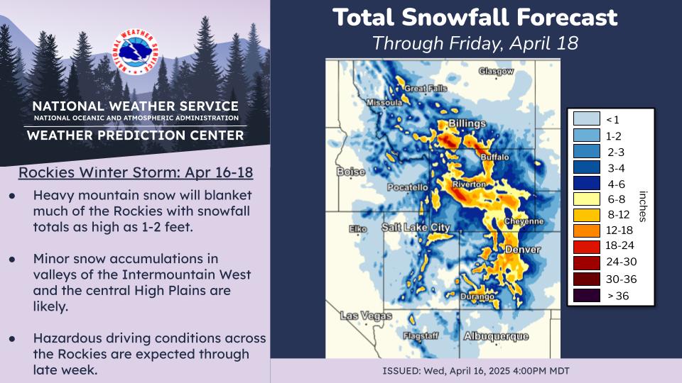 Heavy snow will transpire throughout the Rockies and portions of the central High Plains through the second half of the week. As much as 1-2 feet of snow is forecast in some of the taller ranges of the Rockies.