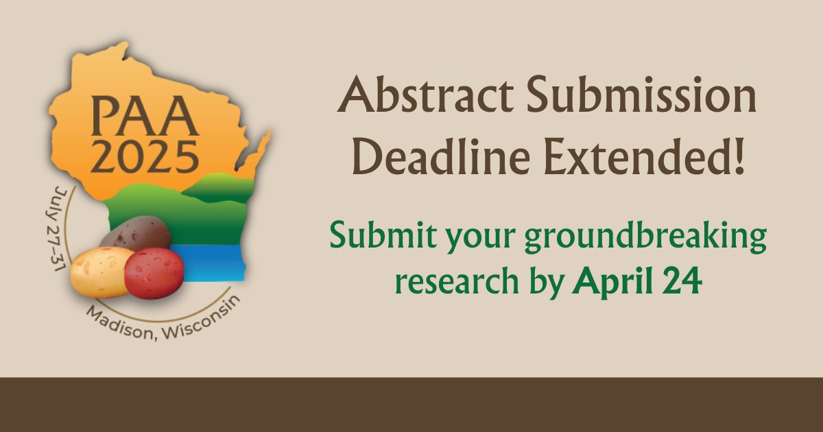 potato_america's tweet image. There’s still time to share your research at #PAA2025, July 27–31 in Madison, WI. Present your work and engage with the global potato science community.

Submit your abstract by April 24: bit.ly/4i0q1u8

#PotatoScience #AbstractSubmissions