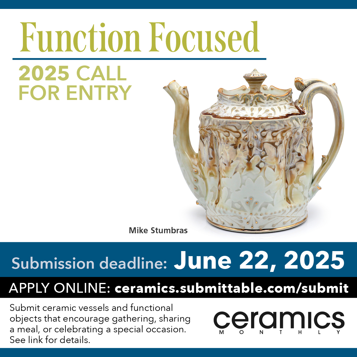 Want to see your work in the September 2025 issue of Ceramics Monthly? This year’s contest theme, “Function Focused,” will showcase functional work that encourage gathering, sharing a meal, or celebrating a special occasion. Closes June 22, 2025! Apply: tinyurl.com/3b342k7y