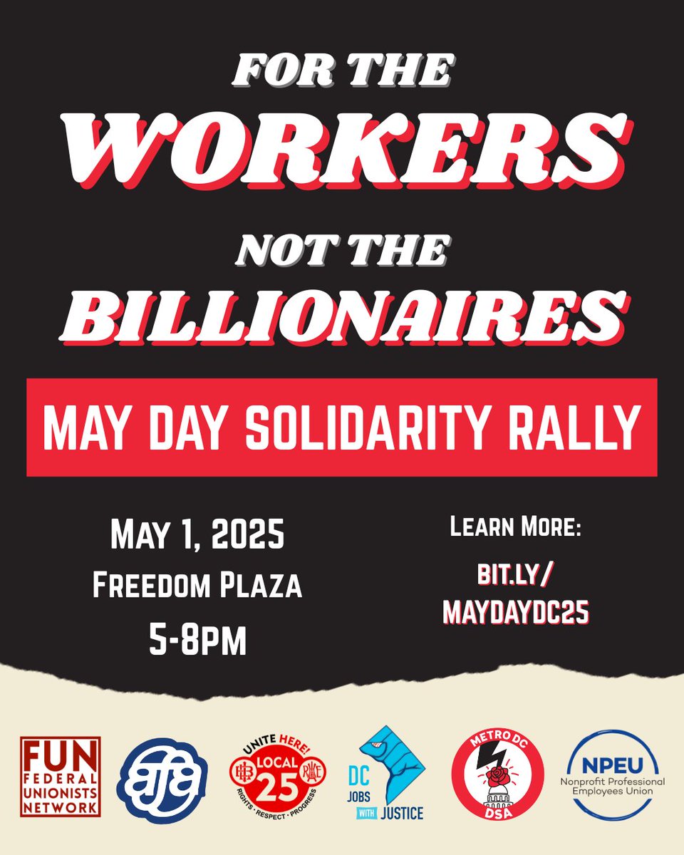 Metro DC DSA Labor Working Group (@labor_mdcdsa) on Twitter photo THIS MAY DAY:
<a href="/mdc_dsa/">Metro DC DSA</a> <a href="/afa_cwa/">AFA-CWA</a> <a href="/NonprofitUnion/">NPEU</a> @DCJWJ AND MORE ARE RALLYING IN SOLIDARITY WITH <a href="/DCfoodworkers/">DC Restaurant Workers Rising</a> BECAUSE WE KNOW A WORKING CLASS UNITED CAN NEVER BE DEFEATED. THIS MAY DAY:
<a href="/mdc_dsa/">Metro DC DSA</a> <a href="/afa_cwa/">AFA-CWA</a> <a href="/NonprofitUnion/">NPEU</a> @DCJWJ AND MORE ARE RALLYING IN SOLIDARITY WITH <a href="/DCfoodworkers/">DC Restaurant Workers Rising</a> BECAUSE WE KNOW A WORKING CLASS UNITED CAN NEVER BE DEFEATED.