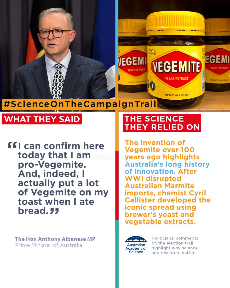 The invention of Vegemite over 100 years ago highlights Australia's long history of innovation. After WWI disrupted Australian Marmite imports, chemist Cyril Callister developed the iconic spread using brewer's yeast and vegetable extracts. 

#scienceonthecampaigntrail