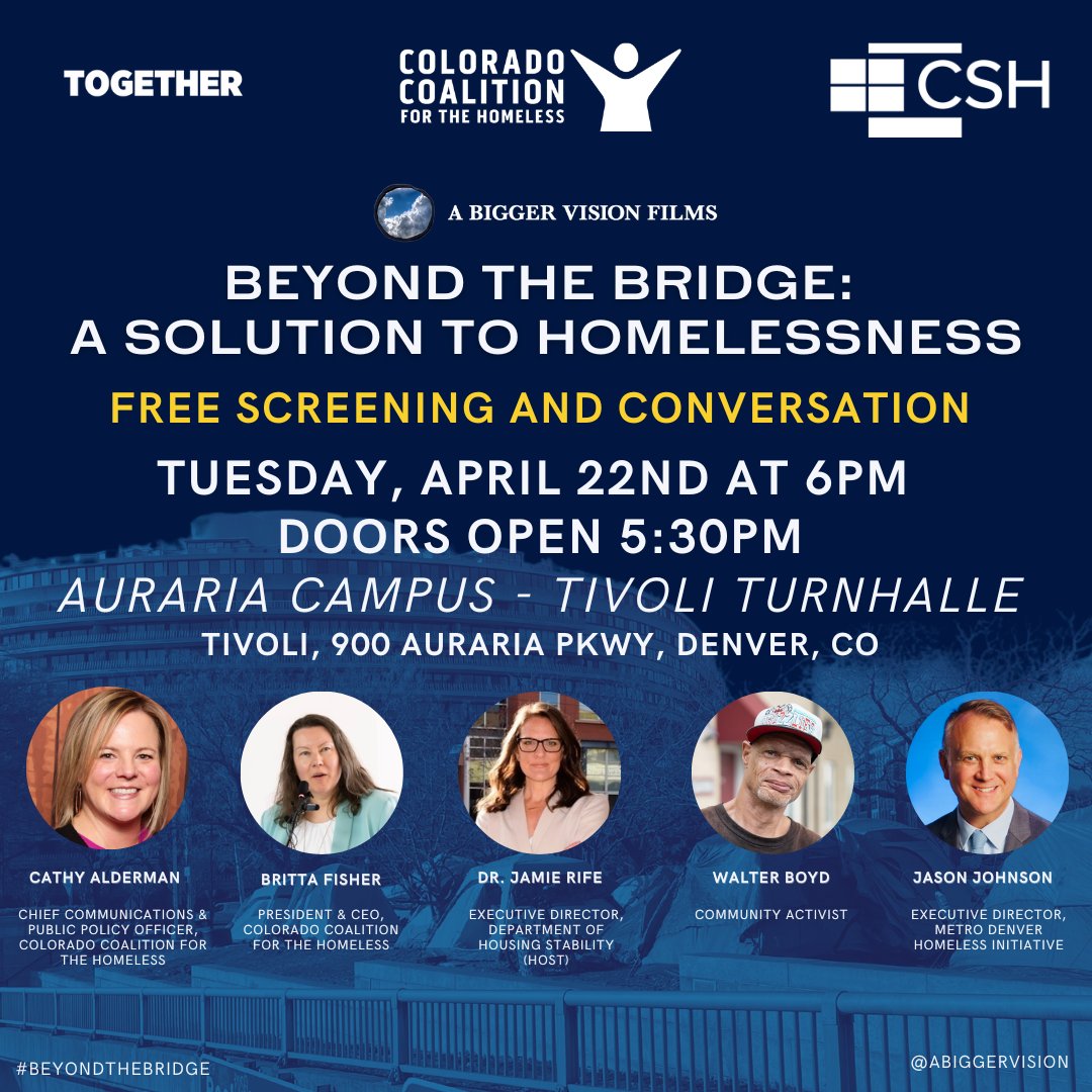 How can Denver solve homelessness in a comprehensive way? Join us on April 22nd 6:00pm (doors 5:30pm), at Tivoli Turnhalle Auraria Campus for a FREE screening and Q&amp;A of @ABVFILMS BEYOND THE BRIDGE: A Solution to Homelessness.
RSVP: BeyondtheBridgeDenver.eventbrite.co.uk