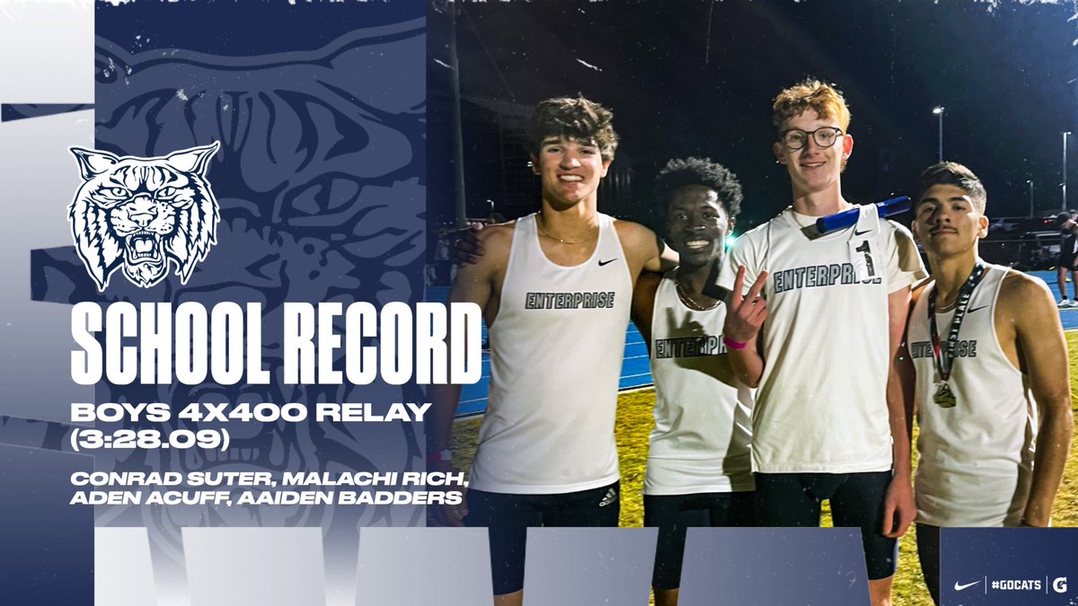 EnterpriseTF's tweet image. SCHOOL RECORD‼️
Boys 4x400 Relay (3:28:09)
Conrad Suter, Malachi Rich, Aden Acuff, Aaiden Badders
| #GoCats