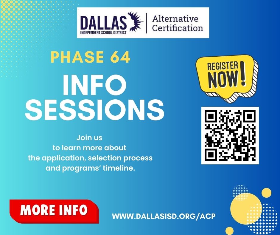 certifydisd's tweet image. Application for PHASE 64 coming soon!
Join us for a live info session, with detail information!
dallasisd.org/acp