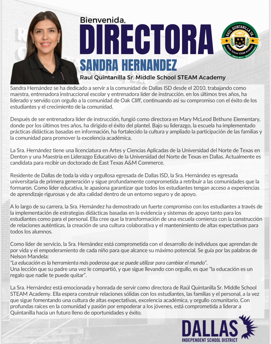 Path to Pinkston (@pathtopinkston) on Twitter photo Congratulations to Sandra Hernandez as the new Principal of Raul Quintanilla Sr. Middle School STEAM Academy. We look forward to her leadership and vision building a culture of champions! #Region1Excellence @MRamirezDISD <a href="/JoeCarreon/">Joe Carreón</a> <a href="/SHussainDISD/">Salem Hussain</a> <a href="/QMSSTARS/">Raul Quintanilla Sr. Middle School STEAM Academy</a> Congratulations to Sandra Hernandez as the new Principal of Raul Quintanilla Sr. Middle School STEAM Academy. We look forward to her leadership and vision building a culture of champions! #Region1Excellence @MRamirezDISD <a href="/JoeCarreon/">Joe Carreón</a> <a href="/SHussainDISD/">Salem Hussain</a> <a href="/QMSSTARS/">Raul Quintanilla Sr. Middle School STEAM Academy</a>