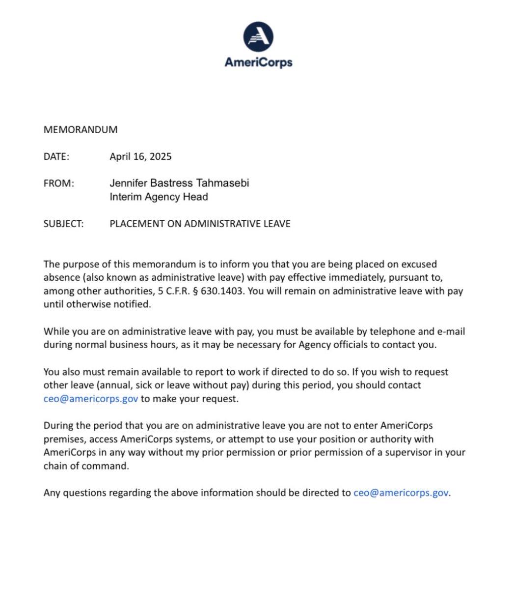 SophiaCai99's tweet image. NEW: The Trump administration has just placed the entire AmeriCorps agency on administrative leave