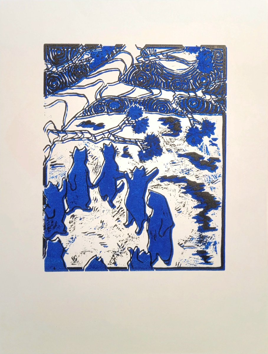 PokySun's tweet photo. Linoleum print - Cats Dancing in a Circle 
.
It was a bit difficult to align right but I ended up with some cool results nonetheless (=`ω´=)
.
#Prints #ink #linoleum #art https://t.co/T68zfEuPpP
