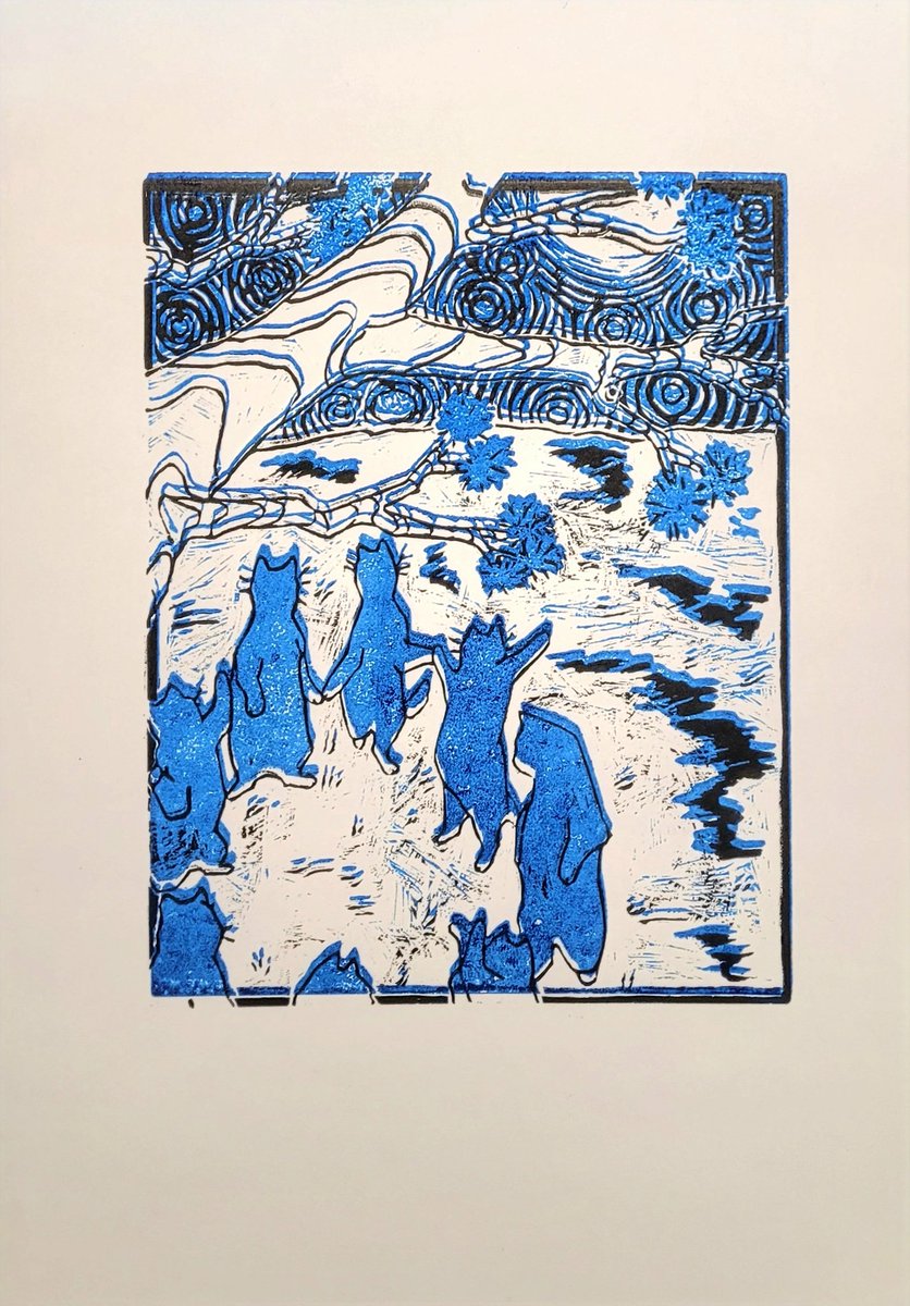PokySun's tweet photo. Linoleum print - Cats Dancing in a Circle 
.
It was a bit difficult to align right but I ended up with some cool results nonetheless (=`ω´=)
.
#Prints #ink #linoleum #art https://t.co/T68zfEuPpP