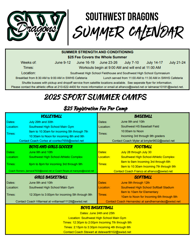 2025 SWHS Summer Strength and Conditioning and Camp Schedule. Registration will open on April 21st. #WeareSW