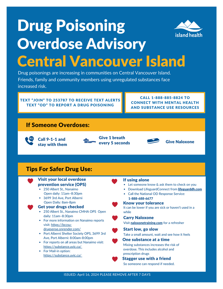 PLEASE SHARE: A Drug Poisoning/Overdose Advisory has been issued for Central #VancouverIsland.  

Find information on supervised consumption sites, drug-checking services &amp; more: ow.ly/FgyS50PLkLF
