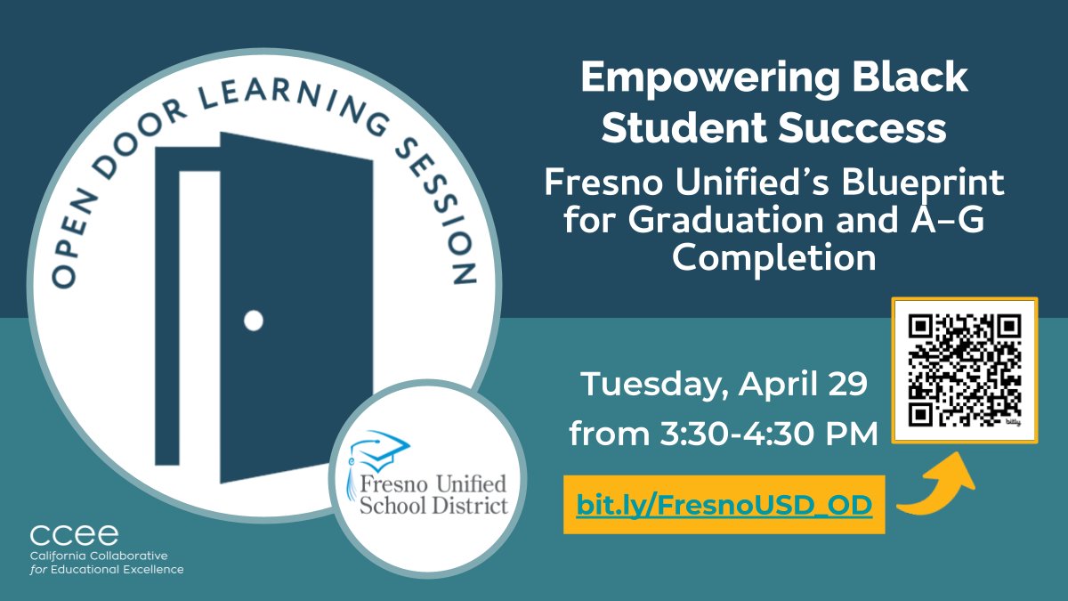 CCEE (@cceeca) on Twitter photo 🚨 Upcoming #OpenDoorWebinar!
🗓️ April 29 | 3:30–4:30 PM PST
🎓 <a href="/fresnounified/">Fresno Unified</a> shares how they’re boosting grad & A–G rates for Black students
👥 Featuring student voices, AASLA, UC Merced collab & more!
🔗 bit.ly/FresnoUSD_OD
#BlackStudentSuccess #EquityEd #AASLA 🚨 Upcoming #OpenDoorWebinar!
🗓️ April 29 | 3:30–4:30 PM PST
🎓 <a href="/fresnounified/">Fresno Unified</a> shares how they’re boosting grad & A–G rates for Black students
👥 Featuring student voices, AASLA, UC Merced collab & more!
🔗 bit.ly/FresnoUSD_OD
#BlackStudentSuccess #EquityEd #AASLA